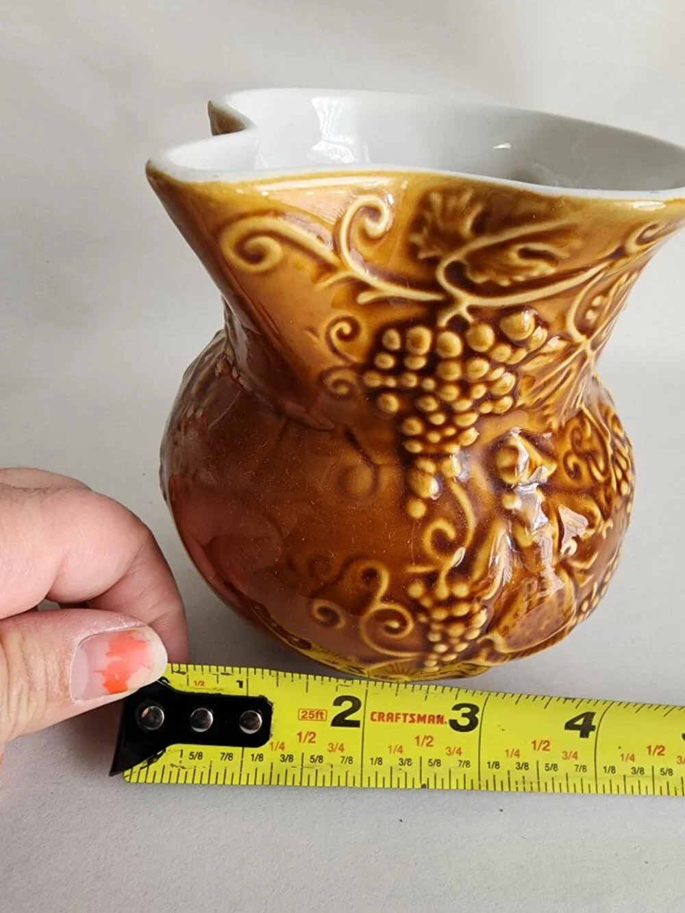 Vintage USA Brown Glazed Grape Vine Ceramic Creamer Pitcher 5.25”